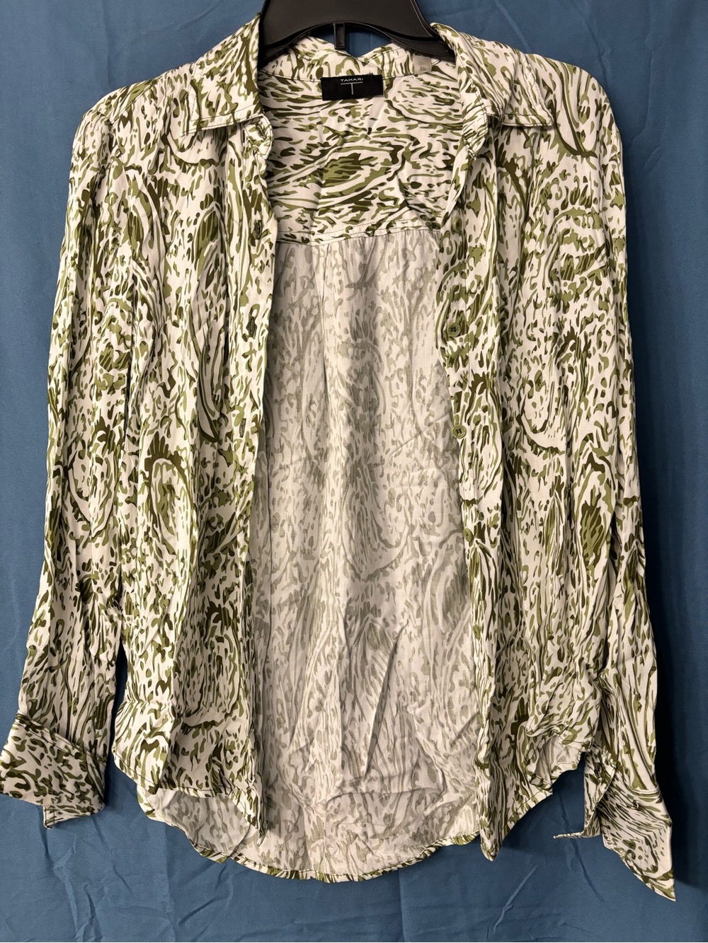 Tahari Olive and White Print Button-Down Blouse